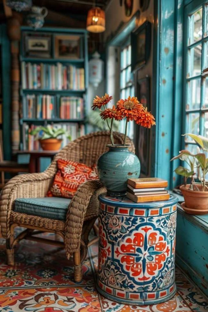 A side table in a cozy corner of your room is bohemian in style and decorated with a colorful fabric and a casual stack of photo books. It adds depth to a room that shares the same aesthetic.