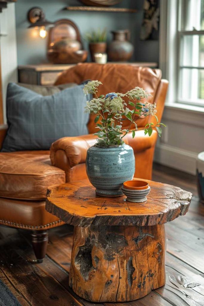 Raw, polished wood and handcrafted ceramics enhance the rustic appeal of this cozy and beautiful side table, which subtly complements the warm tones of the room.