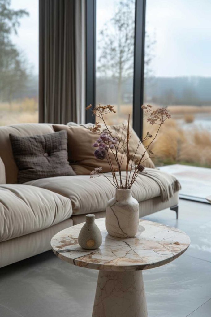 An elegant marble stool doubles as a side table and, together with a marble vase and dried flowers, offers a luxurious element for a modern living room.