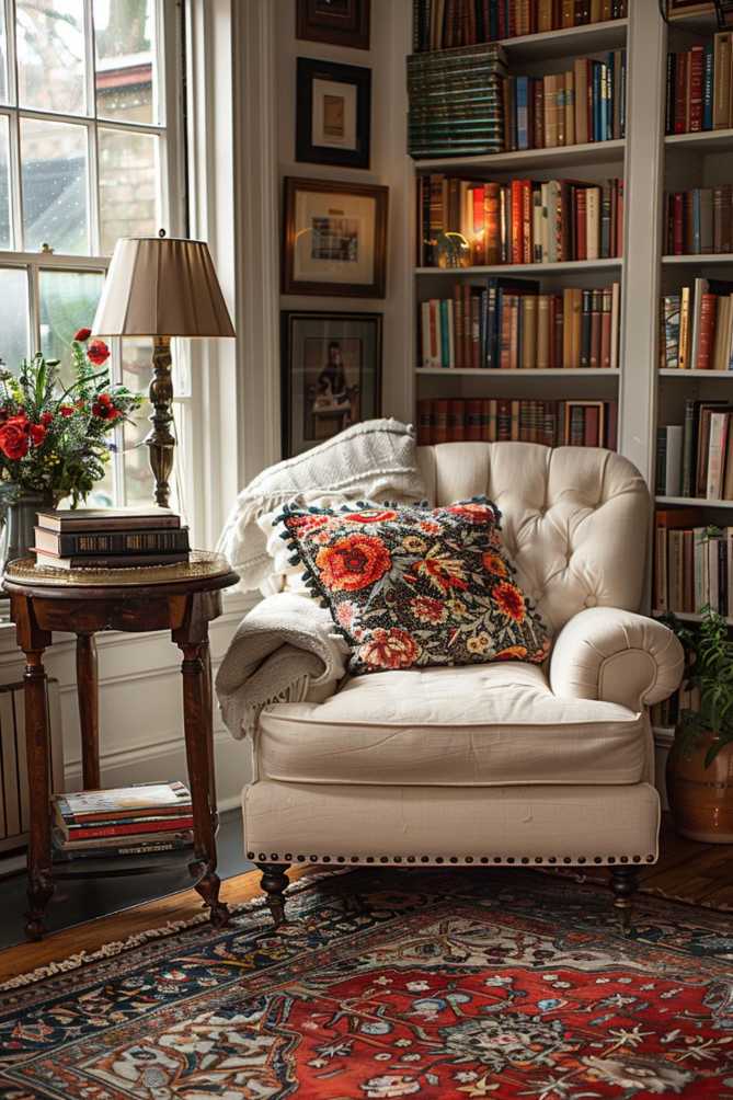 Objects of different heights decorate this side table - a stack of books next to a tall lamp, supported on a rounded tray. The attractive tier arrangement that captivates without overwhelming the table.