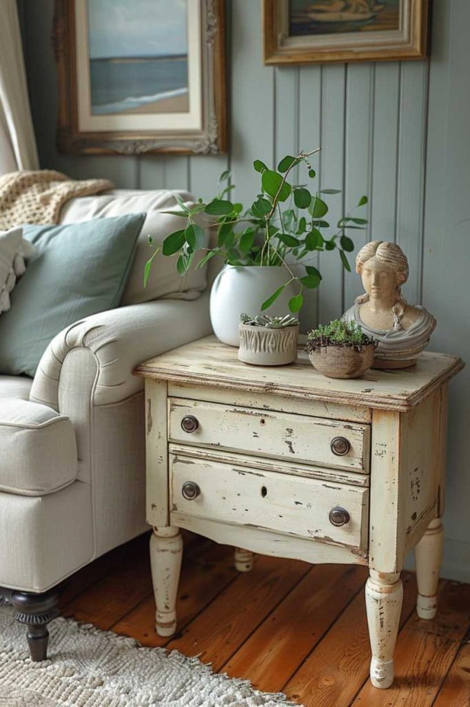 To keep it simple, this side table consists of a simple trio of items—a lamp, a favorite novel, and a ceramic bowl—and embodies the fundamental design theme of “less is more.”