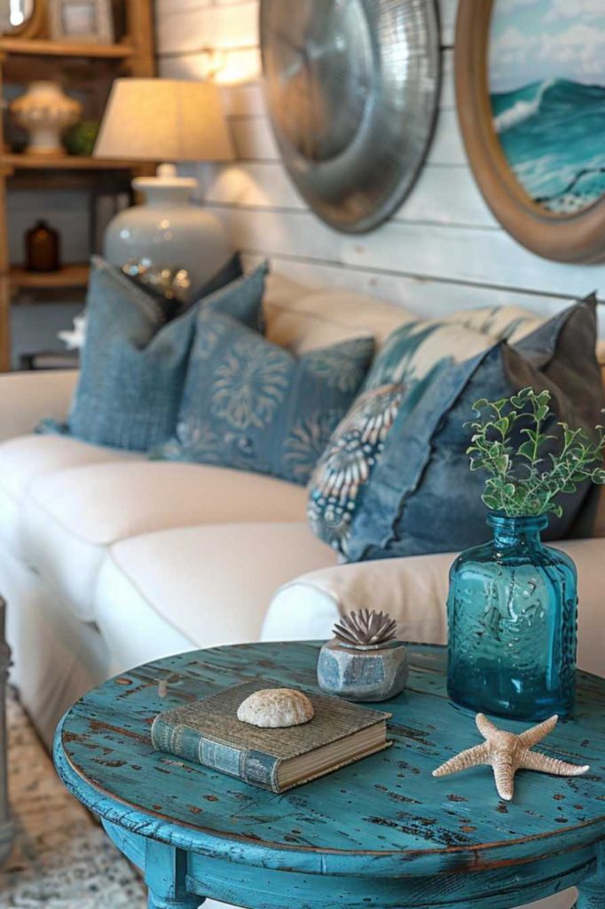 Opt for a beautiful coastal theme on your side table that fits the room. A touch of deep blue and a clear glass charm reflect the calm of the ocean, while a book about sea life sits on the side table.