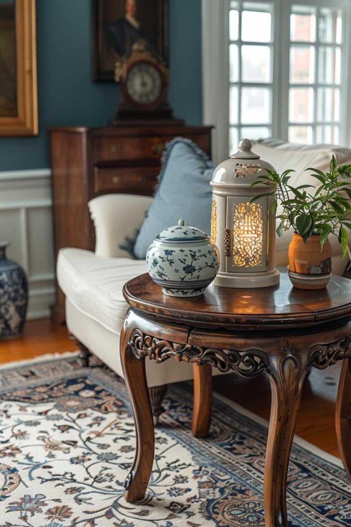 On a small side table, an antique lantern takes center stage, whispering stories of times gone by, contrasted by a cute modern sculpture. It's a great combination of past and present in your room.