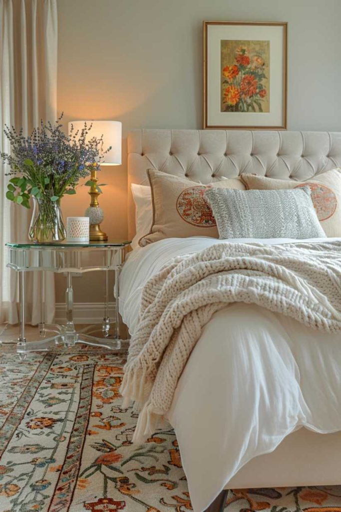 Metallic accents sparkle on this small glass side table, balanced by the softness of a white pillar candle and sprigs of lavender in a tiny vase.