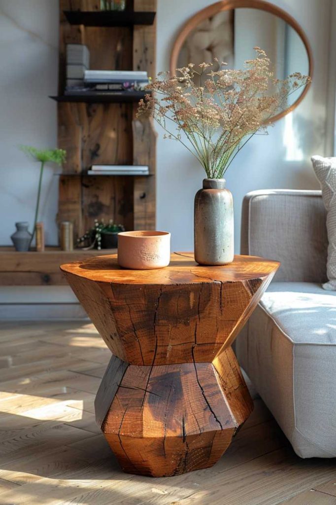 Geometric shapes come together on this unique side table. A round mirror leaning against the wall meets a cylindrical vase and square books, creating a beautiful play of shapes and sizes in your room.