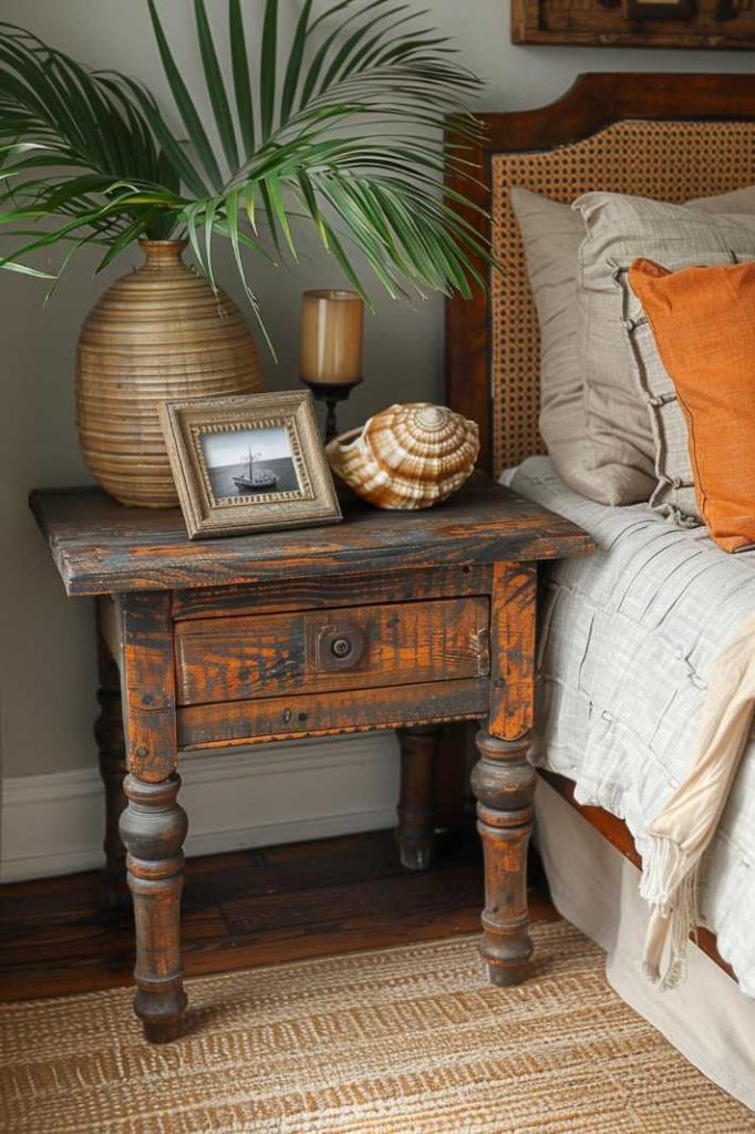 Make your side table tropical, with a large leafy plant in the foreground, arranged next to a seashell-framed photo from a seaside vacation. It's a great reminder of time at the beach!