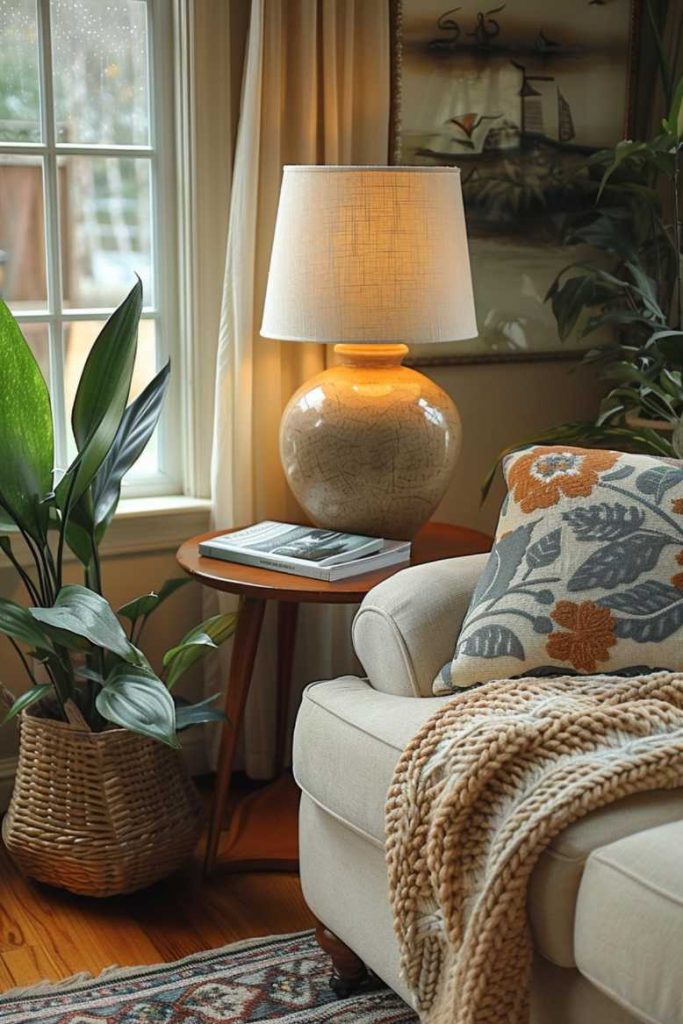 Various unique textures play together on this side table, from a knitted blanket to a glossy magazine, all under the soft glow of a warm lamp. It's a beautiful, functional side table that also looks pretty.