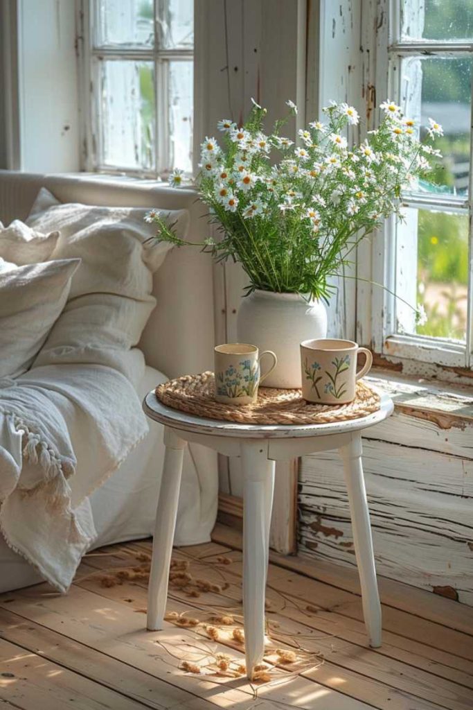 This simple white side table serves as a showcase for exquisite, handcrafted items, such as a beautifully woven coaster and a clay cup cleverly repurposed to support a fresh bouquet of wildflowers, adding a sense of artisanal elegance and charm to the room.