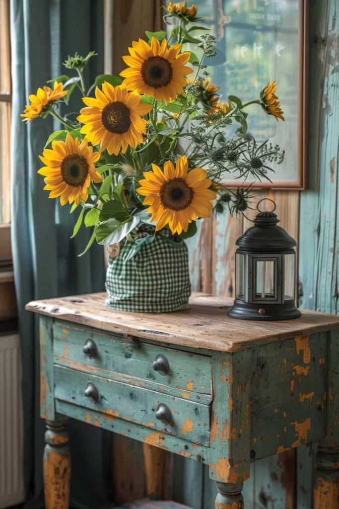 This wooden side table exudes delightful country charm with its checkered tablecloth and vase full of vibrant sunflowers. The rustic lantern on the table adds a welcoming touch, evoking the warmth and simplicity of a country retreat.