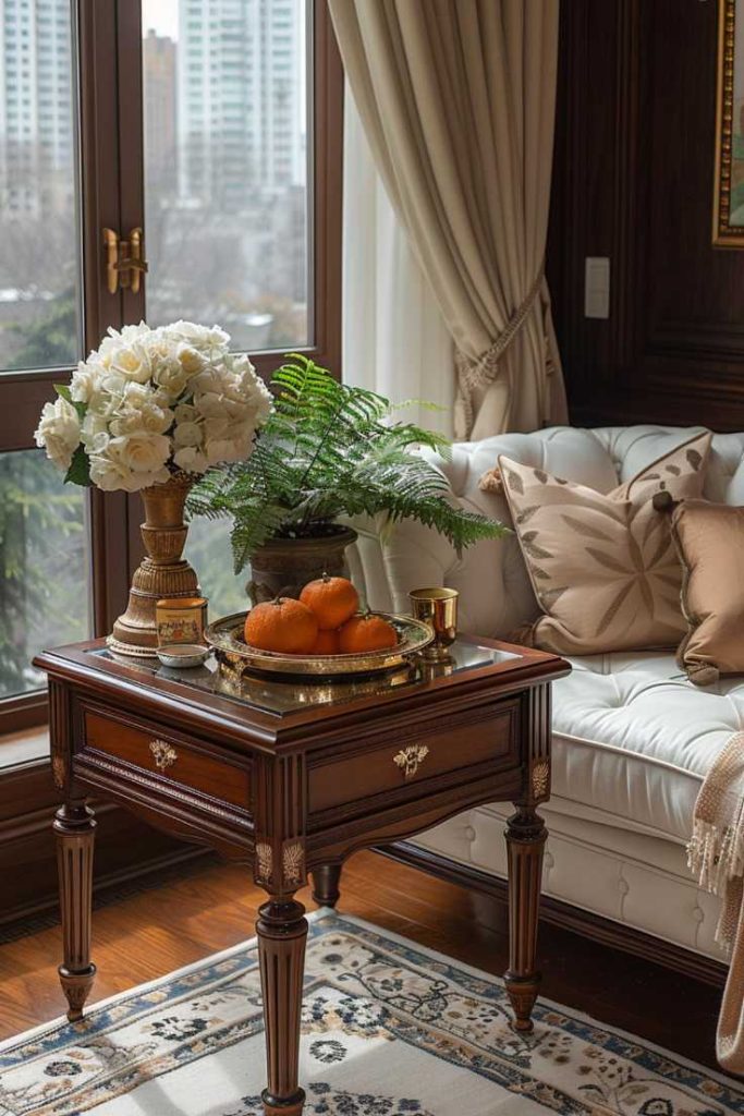 Gold-colored trinkets catch the light on this glass and wood table, which sits next to a gold flower vase and a large, lush fern pot.