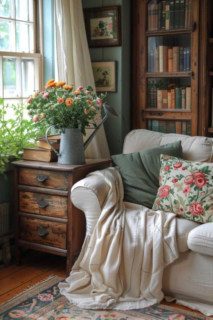 This side table exudes the essence of a blooming garden, with a delightful arrangement that includes a small watering can that can be converted into an adorable vase and a stack of green thumb guides.