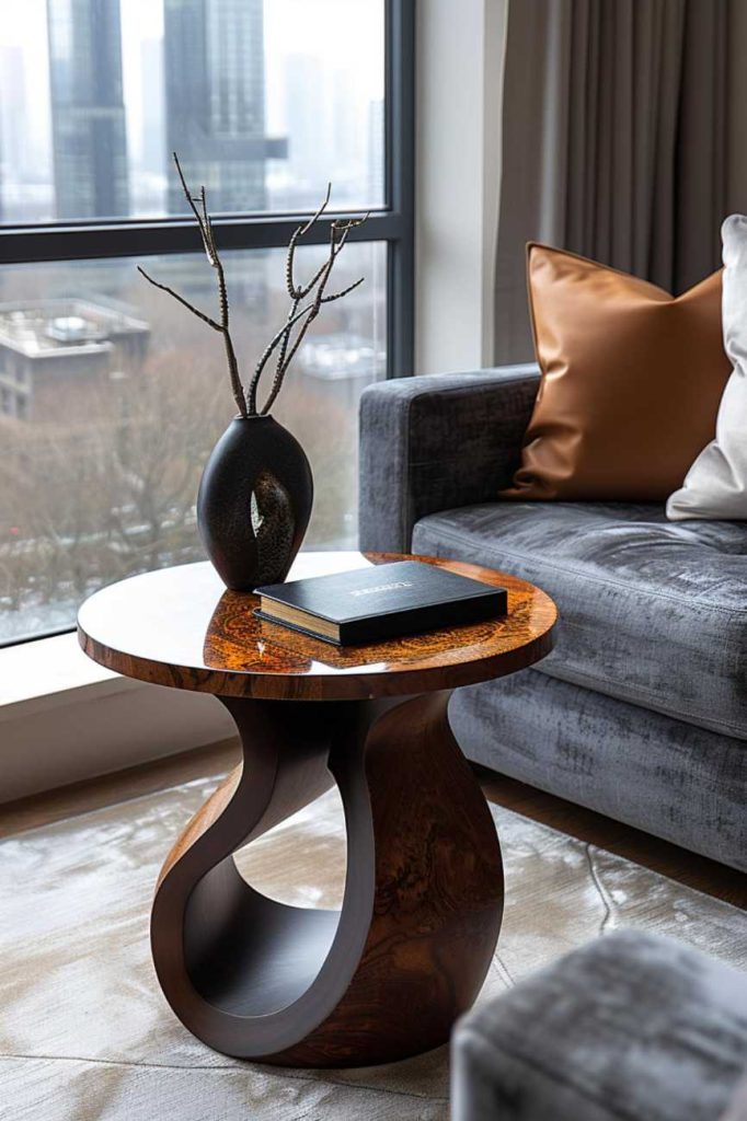 The side table features an elegant and modern aesthetic and exudes an urban touch with its striking metal sculpture and an elegant diary made of dark leather.