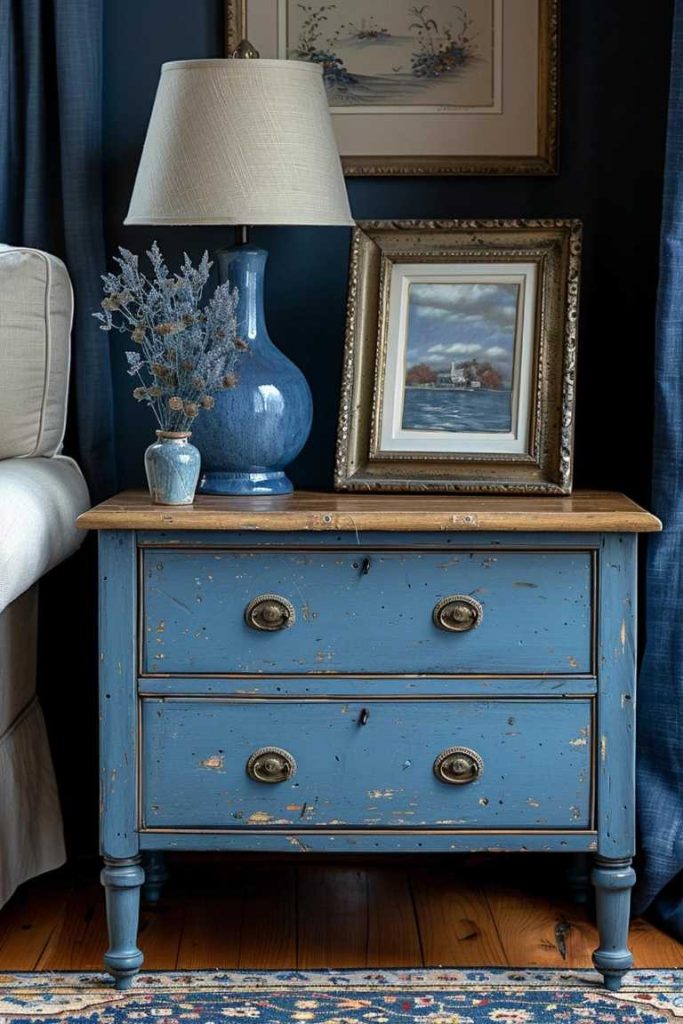 Creating a captivating blue and gold mood, the side table is adorned with a range of different shades of blue, creating a visually appealing overall look that is enhanced by the presence of a dramatic gold-framed piece of art. 