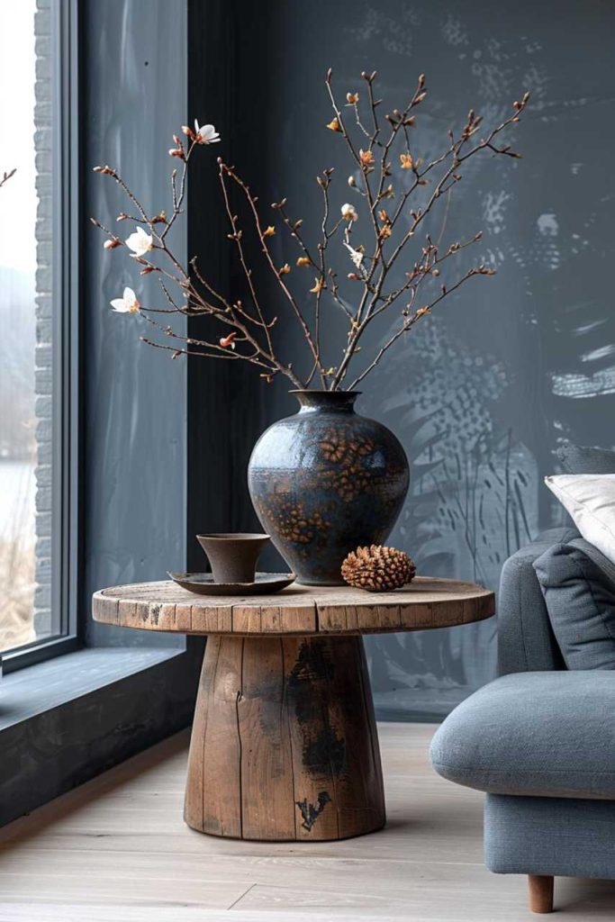 This side table features clean lines and minimalist decor, with a single modern vase taking center stage and showcasing a stunning bloom contrasting with the simple elegance of the room's dark gray color palette.