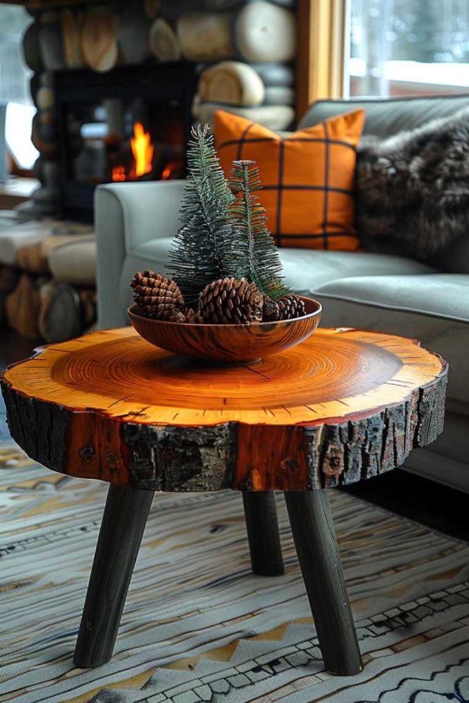 A piece of nature lies on the side table with a rustic wooden bowl full of pine cones and potpourri and a vase with green branches.