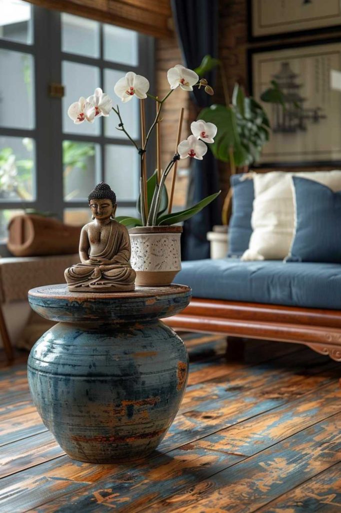 A single perfect orchid sits elegantly on the side table, along with a small Buddha statue, adding a tranquil Asian influence to the setting.