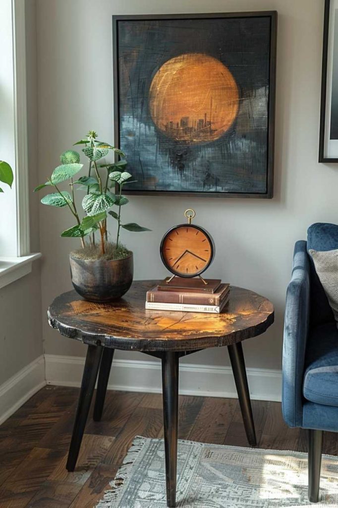 Abstract art is presented on this side table, accompanied by a minimalist clock and a stack of art critical volumes. It is the perfect artistic corner for art lovers.