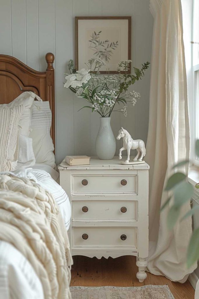 With its ethereal and whimsical aesthetic, the side table becomes a tranquil tableau of beautiful white tones with a delicate porcelain figurine and a frosted glass vase, perfectly reflecting the airy and light-filled ambience of the room.