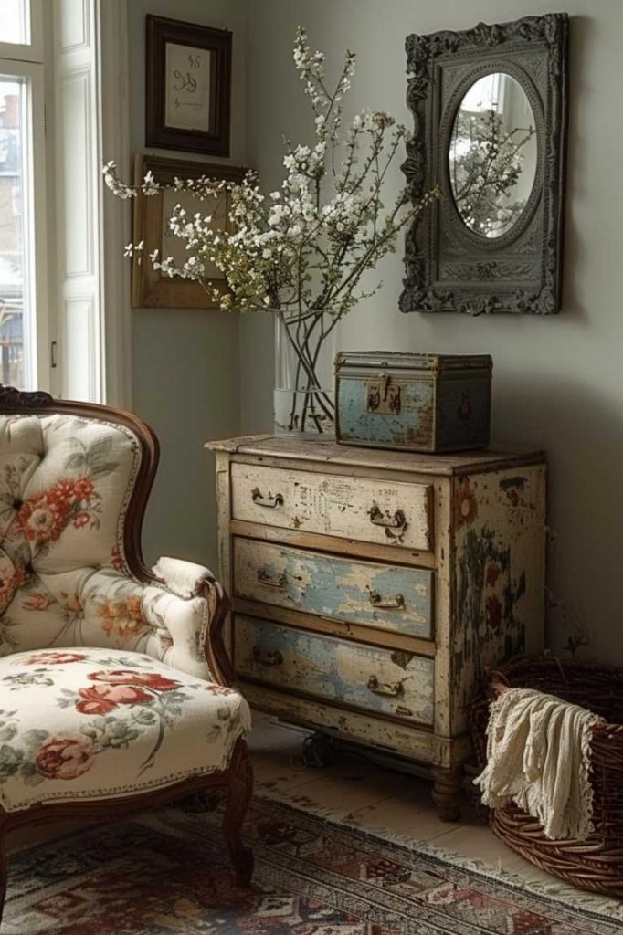 Steeped in history and charm, the side table becomes a repository of timeless treasures. It features a gracefully weathered brass-framed mirror and a vintage tin box that exudes an irresistible aura of nostalgia and lasting stories.