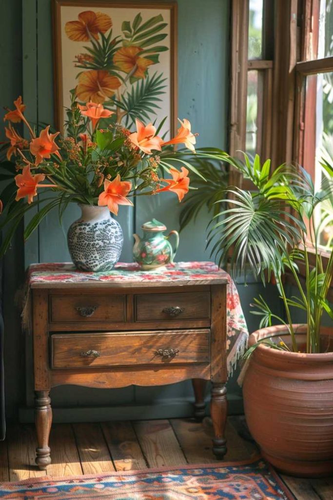 This simple wooden side table is bursting with a feast of bright colors, including a stunning and bright patterned cloth and a vase of colorful tropical flowers.