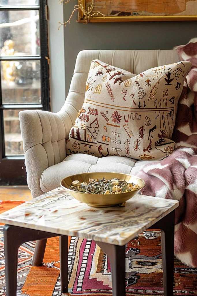 Create a side table with the vibrant energy of a bustling spice market. Earthy, spice-colored textiles cover the surface, while a gleaming brass bowl overflows with a tantalizing array of dried botanicals.