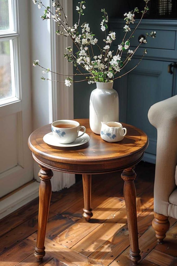 A tea cup and a saucer next to a small, artfully arranged bouquet of flowers on the side table ensure morning calm and invite you to a peaceful start to the day. 