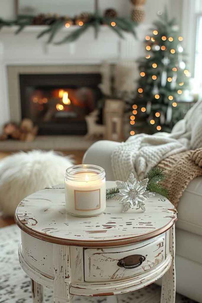 Decorated in a calm winter theme, this living room side table serves as a nod to cooler days. It's decorated with a pine-scented candle and a crystal snowflake for a fun winter wonderland vibe.