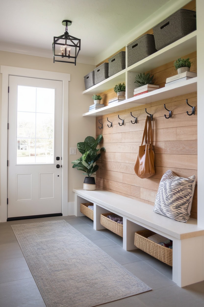 A modern mud flap on the front door with hooks, floating shelves and a cozy bench.