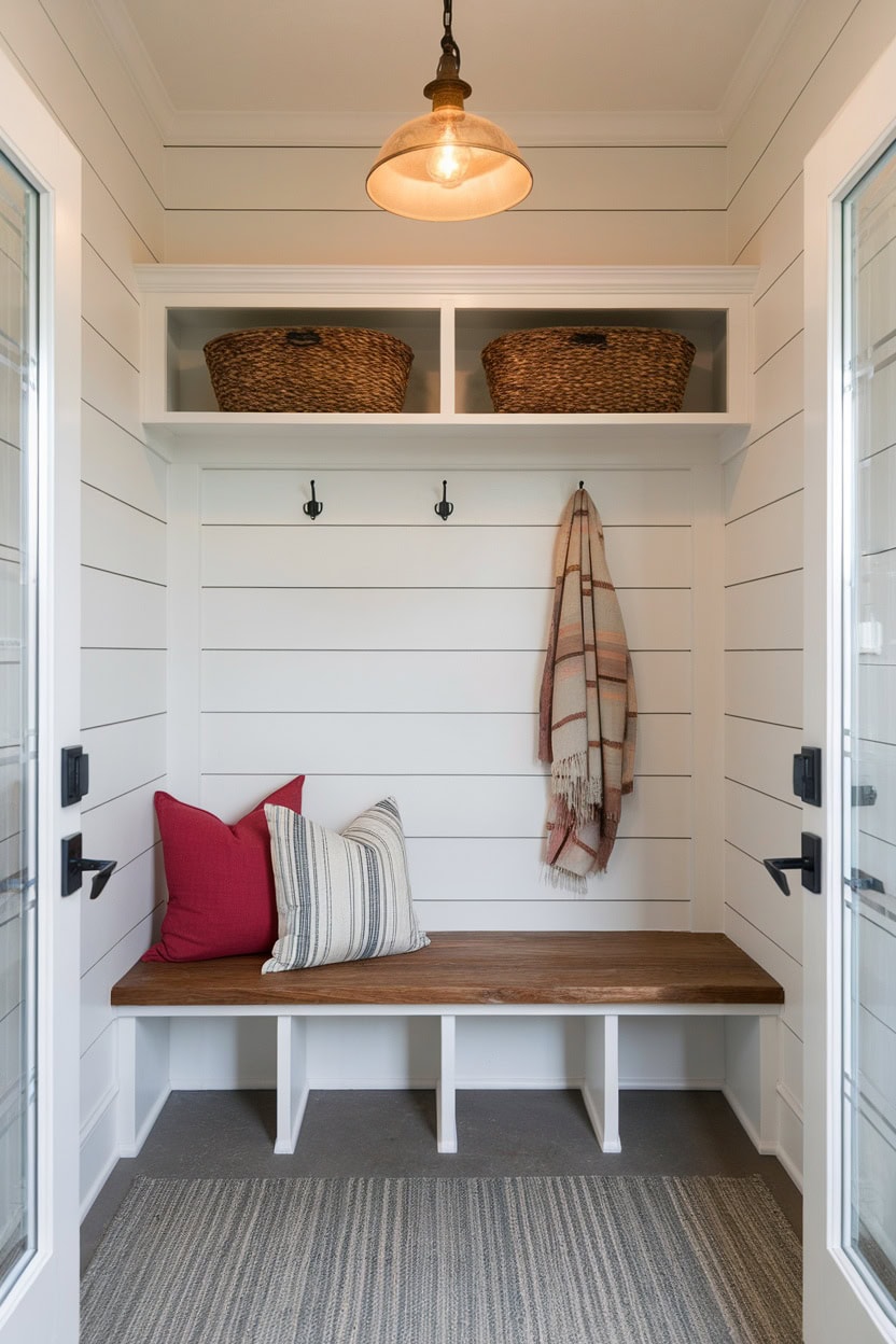 A cozy mudroom with a wooden bench, colorful pillows and storage baskets.