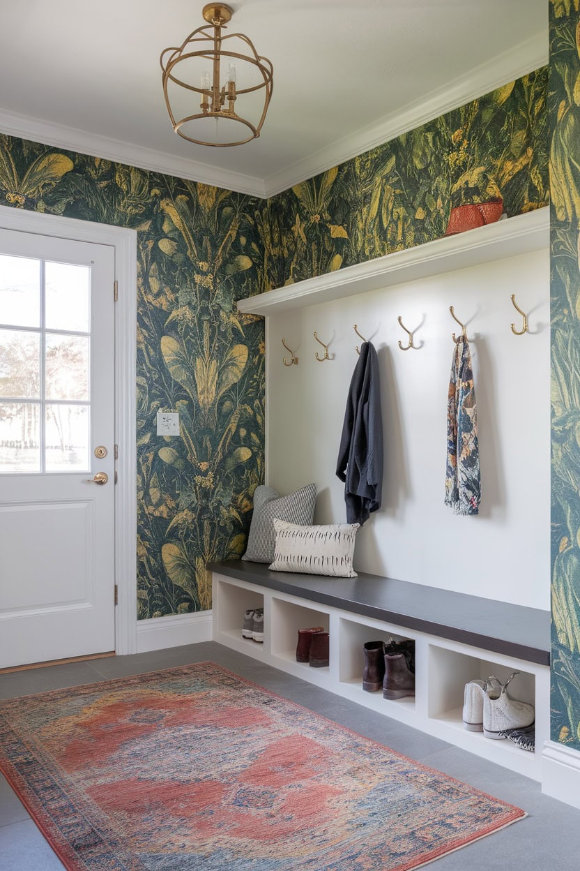 A mudroom entryway with bold floral wallpaper, a bench, and hooks for hanging coats.