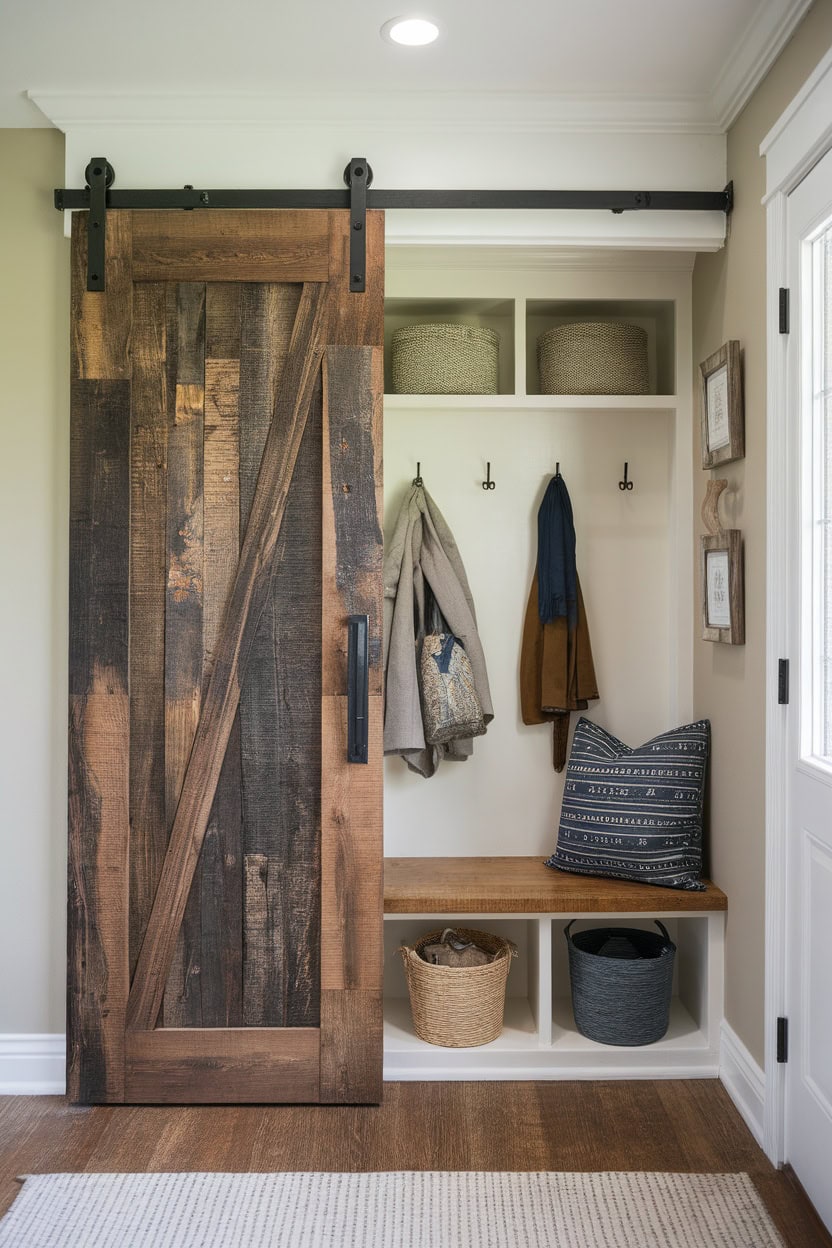 Mudroom entryway with sliding barn door, hooks and storage baskets.