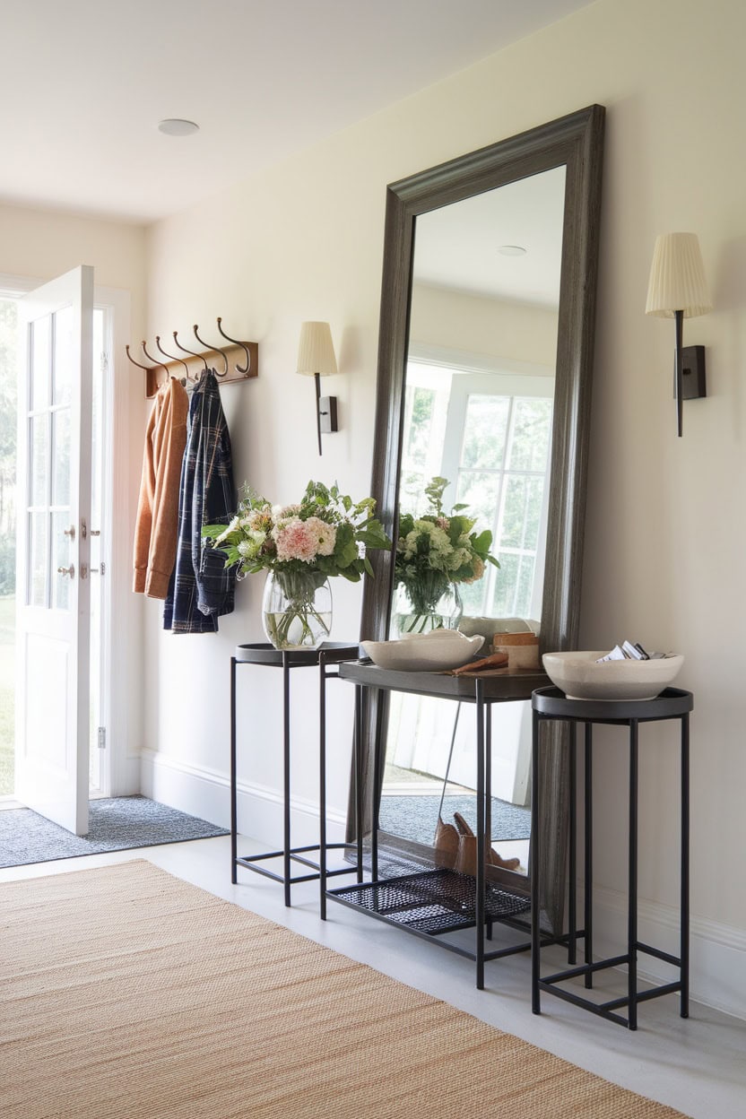 A stylish mudroom entryway with a large mirror, coat hooks and decorative floral arrangements.