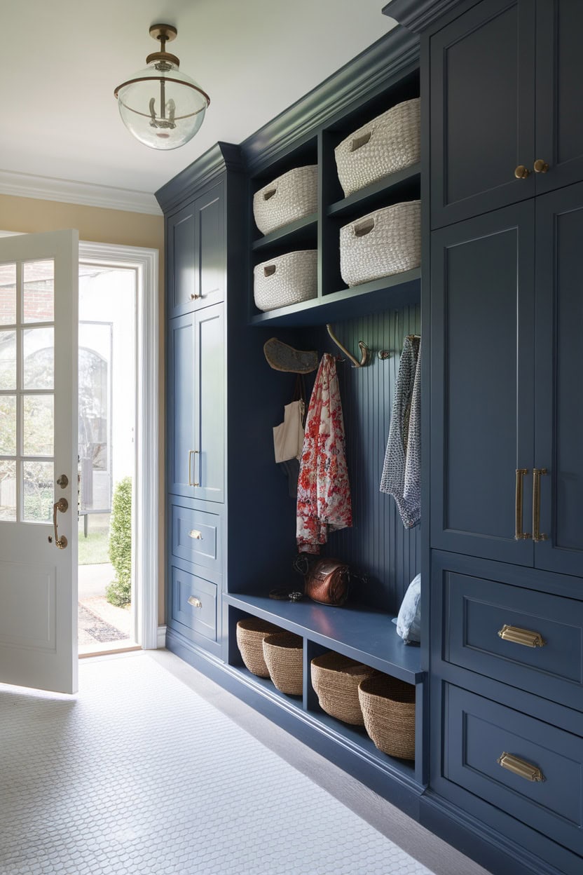 A stylish mudroom entryway with floor-to-ceiling navy cabinets, open shelving and baskets.