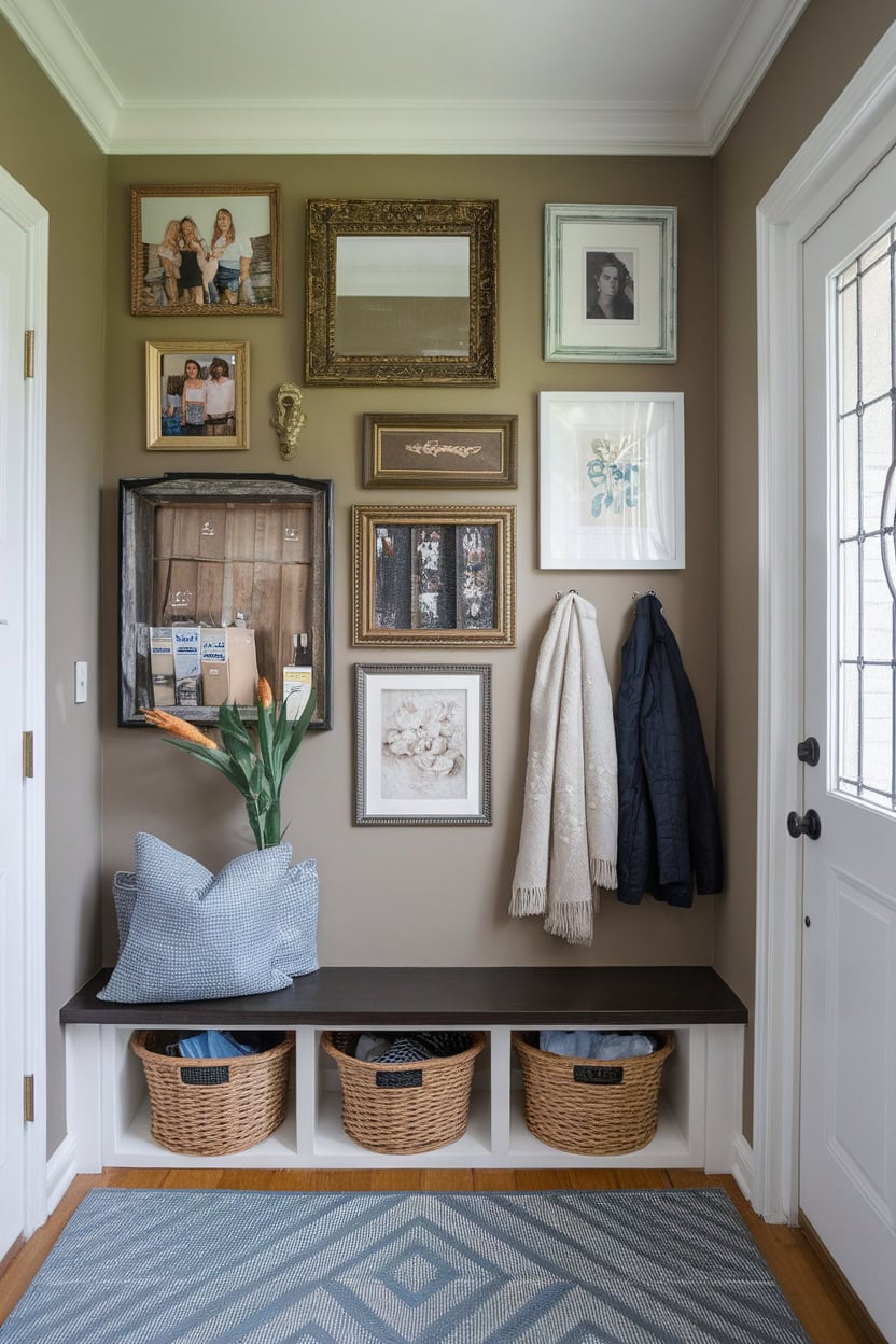 Mudroom entryway features a gallery wall with framed pictures, decorative elements and a cozy bench.