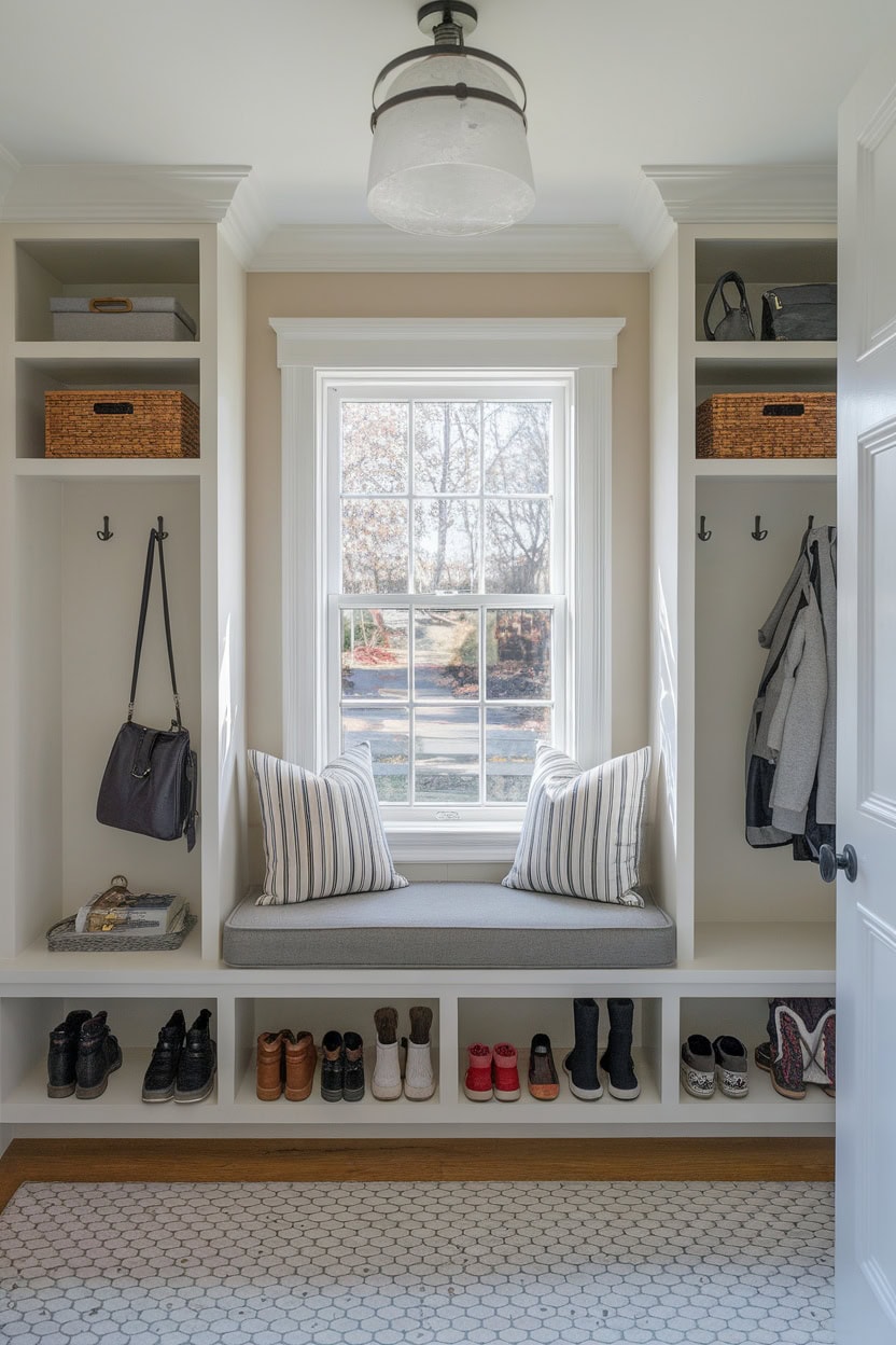 The mudroom entryway features a windowsill with cushions, shelves for storage and a view of the outdoors.