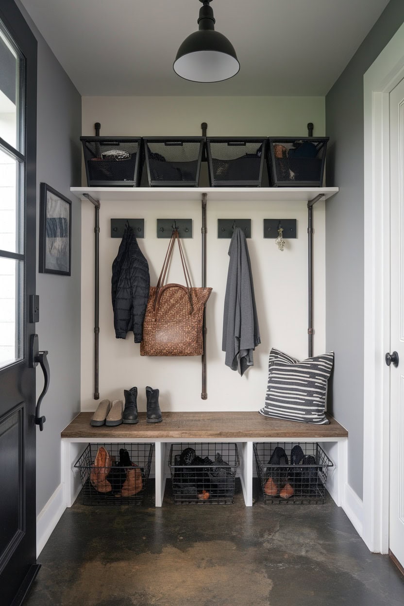 A stylish mudroom entryway with a wooden bench, metal pipes and storage baskets.