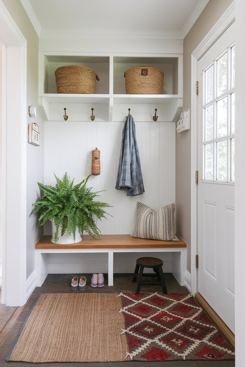 A cozy mudroom entryway with layered rugs, plants and storage.