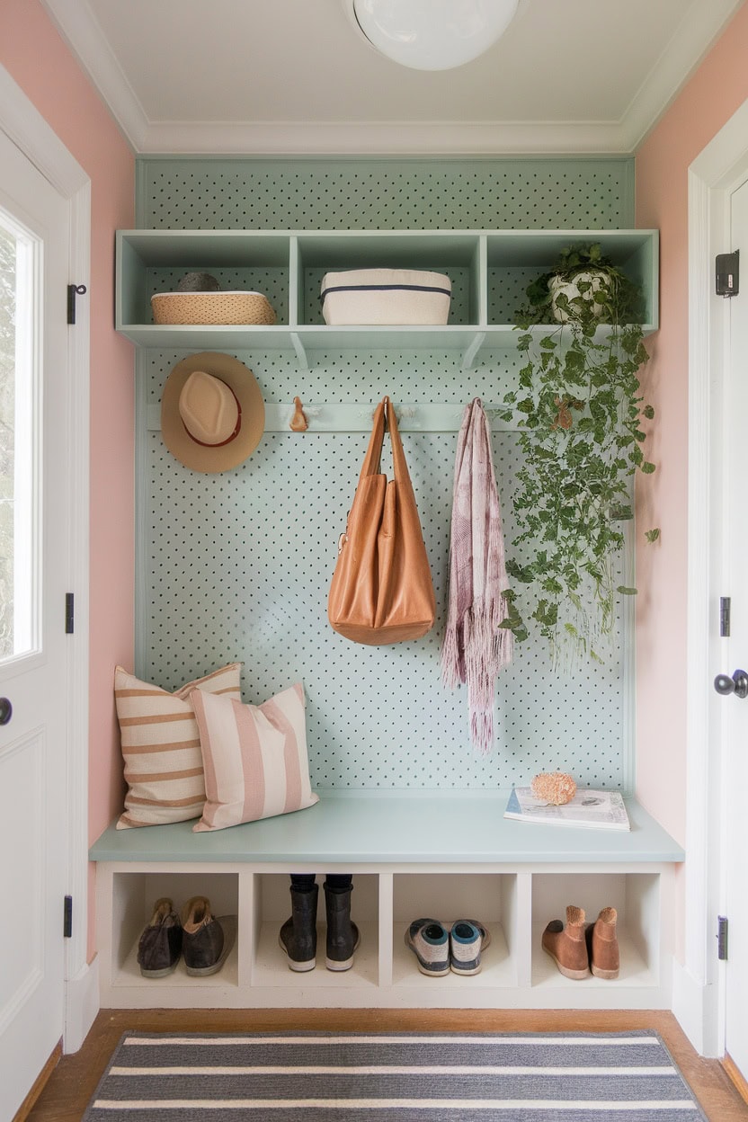 Mudroom entryway with custom pegboards, storage and decorative features.