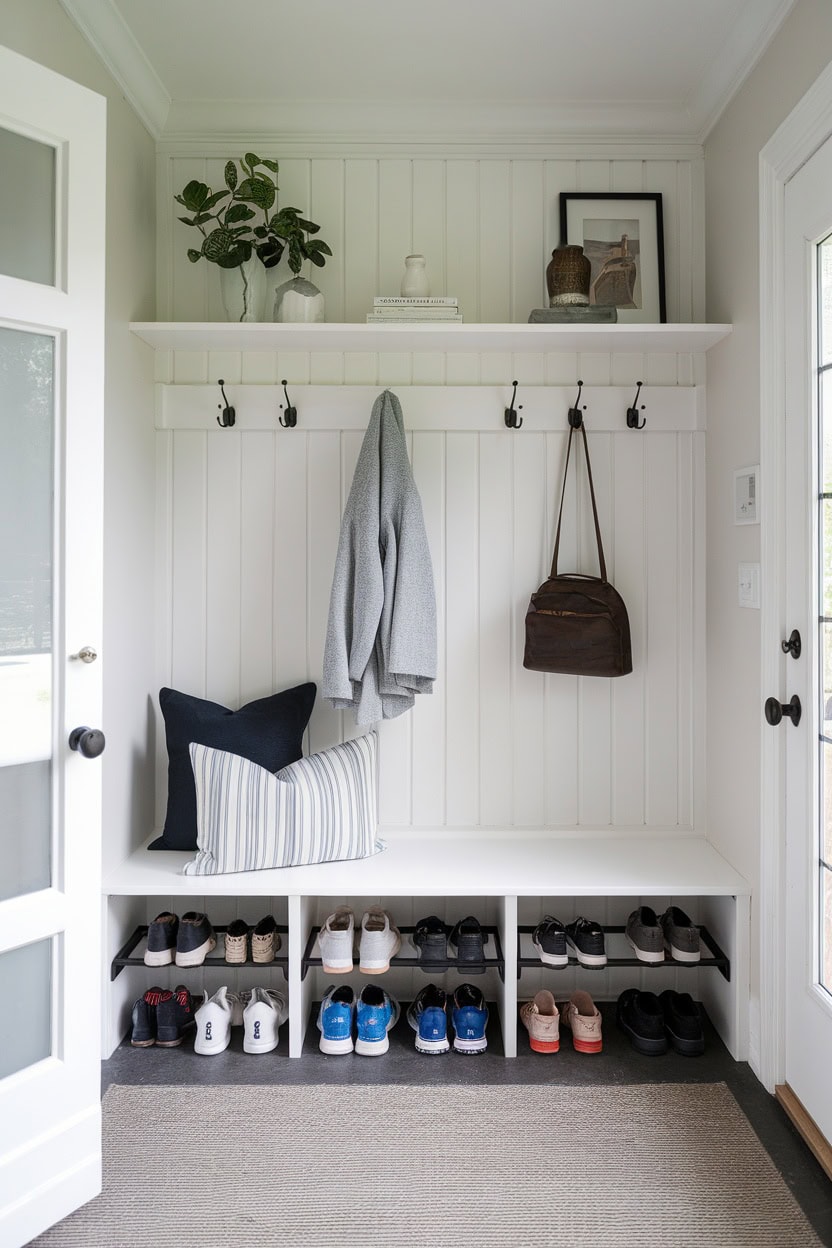 Dirt traps in the entrance area with floating shoe racks and hooks for jackets.