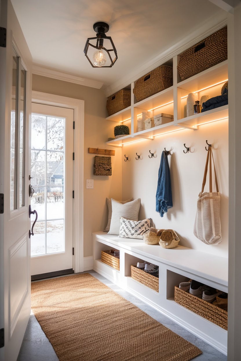 A cozy mudroom entryway with a stylish light fixture, storage baskets and a welcoming atmosphere.