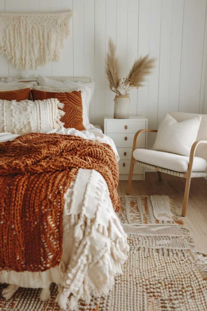 Chunky knit blankets in shades of burnt orange and creamy white offer cozy, tactile comfort for cool autumn nights. Add same-colored thick pillows with different patterns on the bed and matching chairs to complete the look.