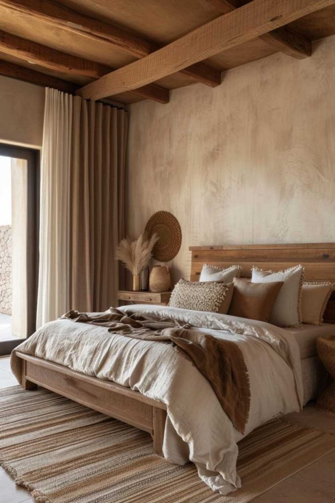 This tranquil sanctuary combines with the old-fashioned wood headboard and earth-tone bedding to create a serene, rustic-inspired bedroom oasis.