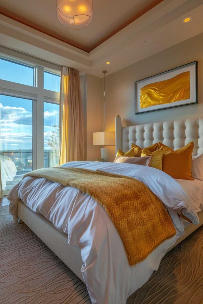 Transform your bedroom into an oasis with the exquisite selection of golden yellow pillows resting gracefully on immaculate ivory linens.