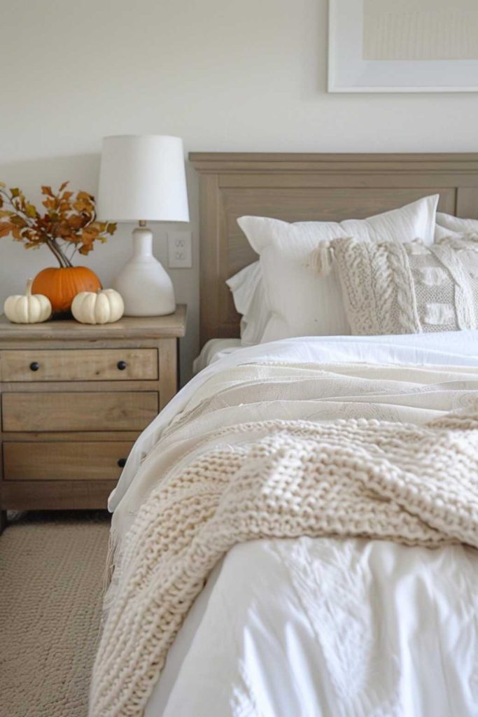 Soft, plush textures in your room are paired with a selection of miniature pumpkins and decorative gourds on the nightstand for a playful nod to the fall harvest season.