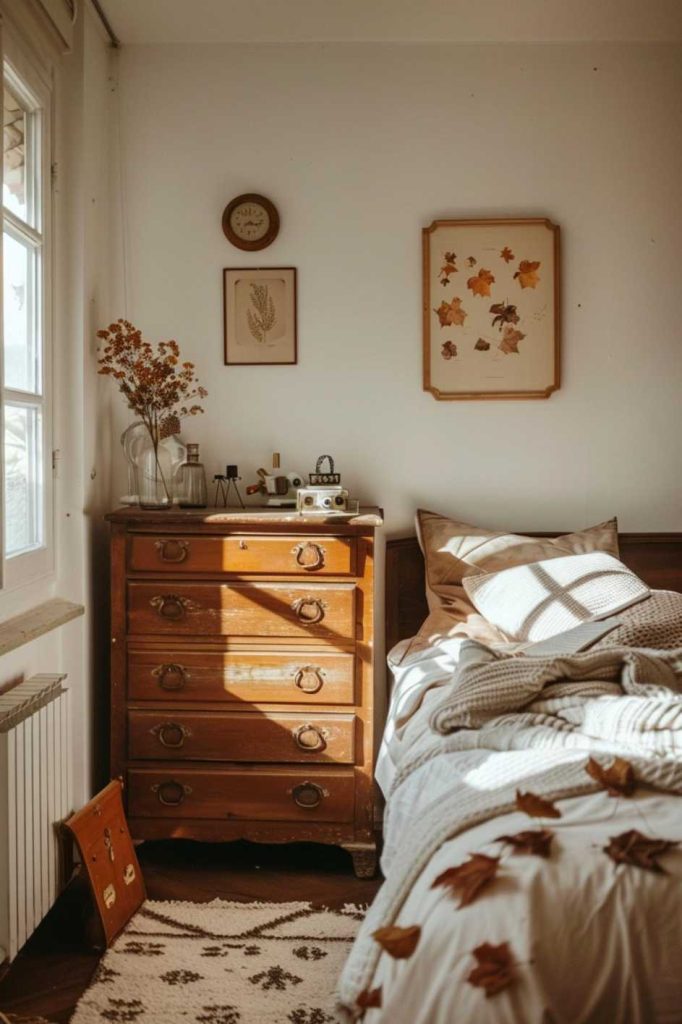 In this enchanting bedroom corner, a rustic and timelessly elegant vintage chest of drawers takes center stage, adorned with a <a href=