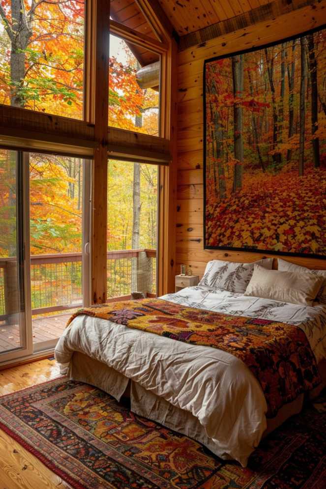 A delicate tapestry of amber and scarlet leaves accents the walls and brings the magic of fall foliage into the home. The design is perfect for fall and you can use wallpaper if you're not ready to paint your walls yet.