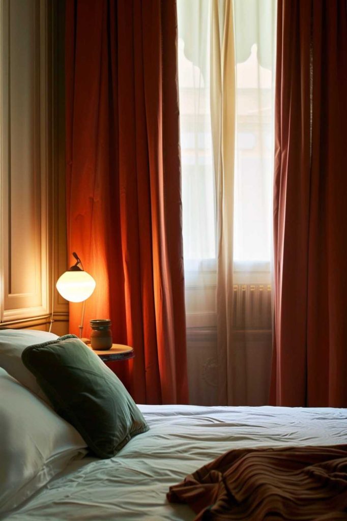 Sienna-colored curtains hang gracefully and their calm tones reflect the stillness of an autumn evening. They're a great way to subtly add some color to your room if you just want a touch of fall style.