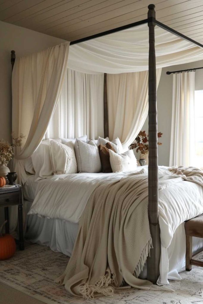 You'll love the whimsical elegance of a lightweight canopy that drapes gracefully over the bed, its fresh texture delicately contrasting with the lush, fall-inspired decor.