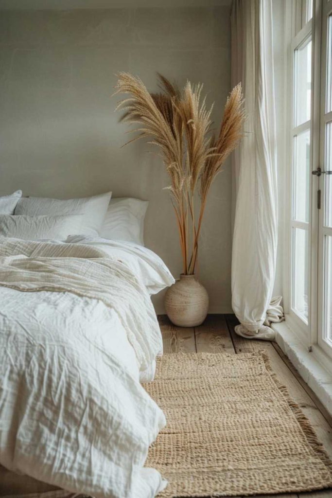 Bring a touch of untamed autumn beauty to the gentle atmosphere of your bedroom by adding tall, graceful pampas grass in a simple vase. This striking element not only gives the room a feeling of wild elegance, but also serves as a captivating focal point.