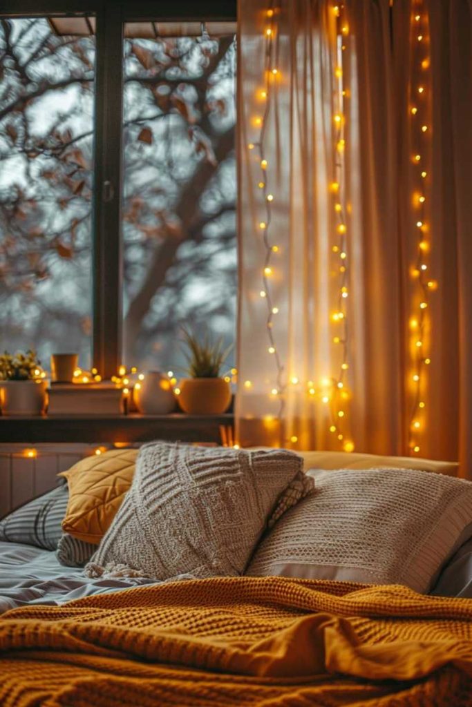 Transform your space into a realm of enchantment with a captivating string of lights that artfully mimic the ethereal twinkle of dusk. These delicate lights add a subtle and enchanting glow to the surroundings.